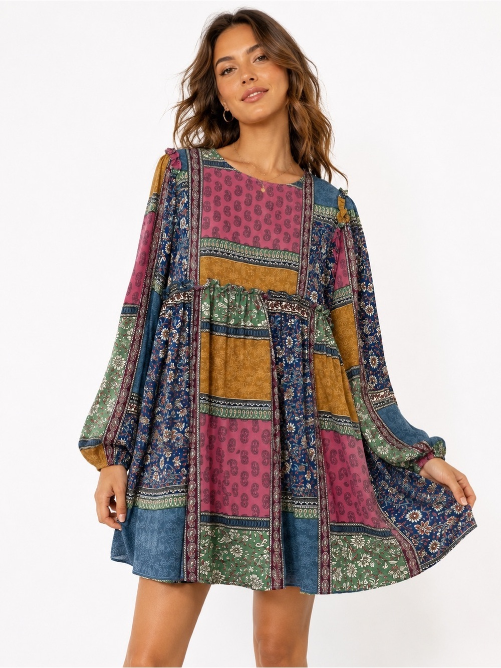 Aura Patchwork Boho Babydoll Tunic Dress Women’s M Floral Paisley Long Sleeve